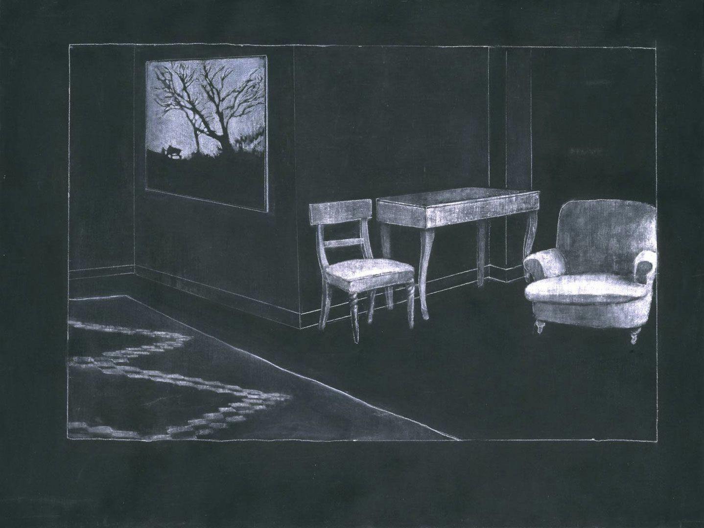 A white drawing on black paper by Juan Muñoz, titled Raincoat Drawing, dated 1989.